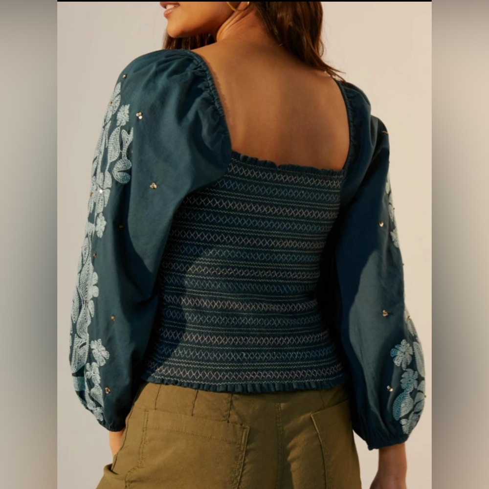 Anthropologie Floral Embroidered Smocked Puff Sleeve Top Turquoise Green Size L - Picture 9 of 9